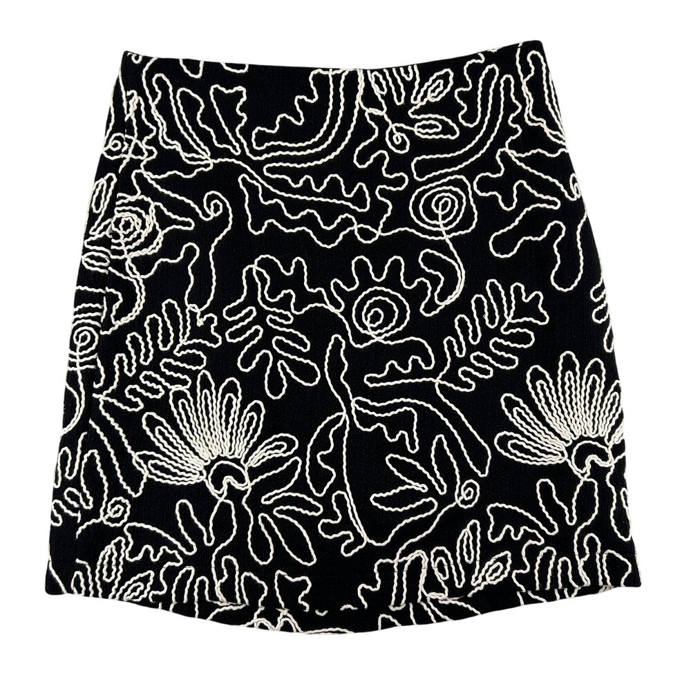 LOFT Skirt Womens 0 Black Embroidered Abstract Floral Mini Cotton Lined Side Zip
